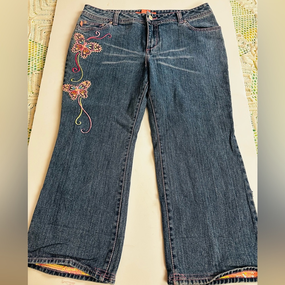 BONGO Blue Flare Jeans with Colorful Pink Embroidery, Youth 16.5 (14Y to 16Y)